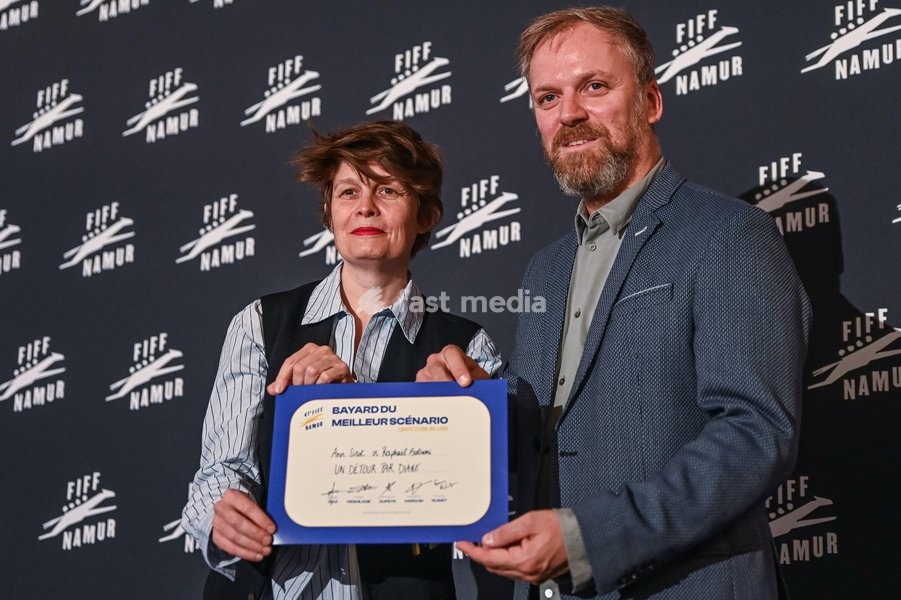 Winner of the 'Best script' award Ann Sirot and Raphaël Balboni pictured during the closing night of the 41st edition of FIFF Festival International du Film Francophone de Namur (Namur International French-speaking Film Festival) (30/09-04/10), Saturday 3 October 2026 in Namur