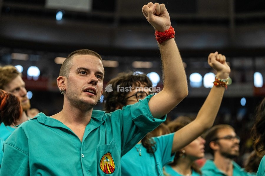 Members of the Sagrada Familia colla singing ‘Els Segadors’ song during the Concurs de Castells competition in Tarragona, Spain, on October 3, 2026