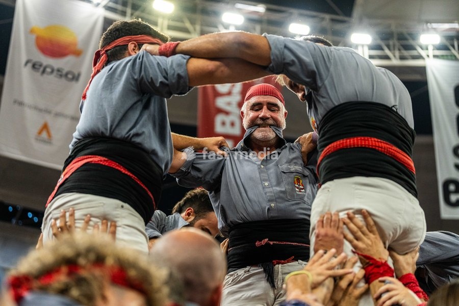 Members of the Tirallongues de Manresa colla making a human tower during the Concurs de Castells competition in Tarragona, Spain, on October 3, 2026