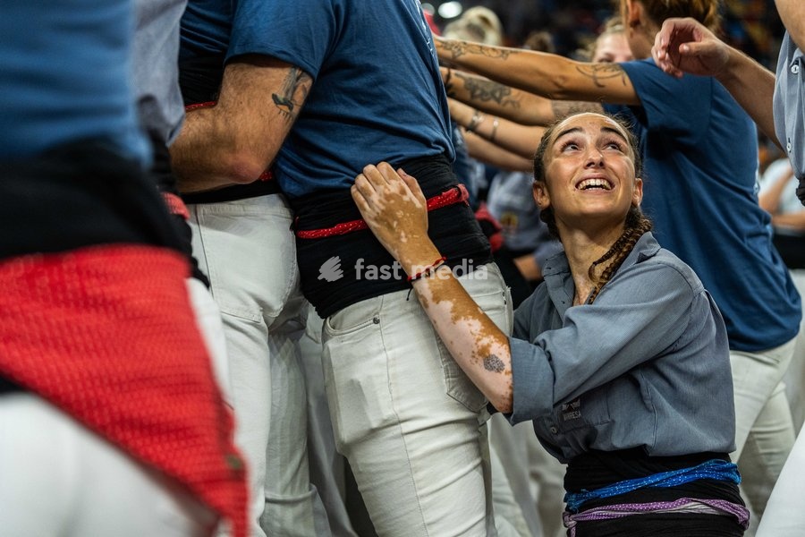 Members of the Tirallongues de Manresa colla making a human tower during the Concurs de Castells competition in Tarragona, Spain, on October 3, 2026
