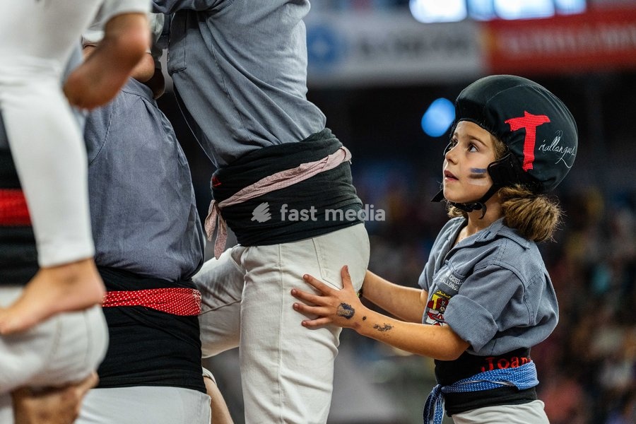 Members of the Tirallongues de Manresa colla making a human tower during the Concurs de Castells competition in Tarragona, Spain, on October 3, 2026