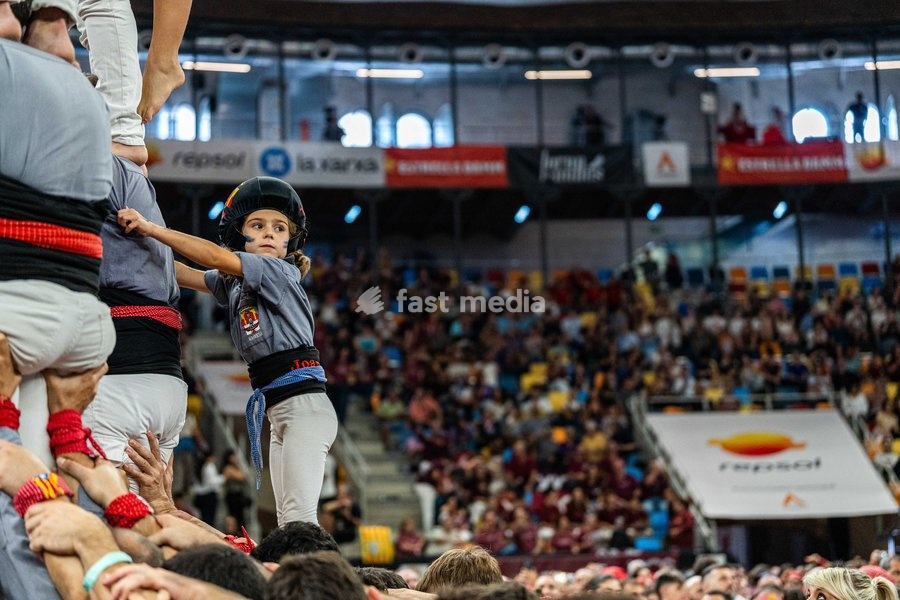 Members of the Tirallongues de Manresa colla making a human tower during the Concurs de Castells competition in Tarragona, Spain, on October 3, 2026