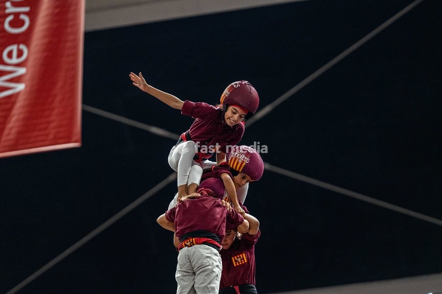 Members of the Tirallongues de Manresa colla making a human tower during the Concurs de Castells competition in Tarragona, Spain, on October 3, 2026