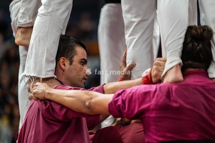 Members of the Tirallongues de Manresa colla making a human tower during the Concurs de Castells competition in Tarragona, Spain, on October 3, 2026