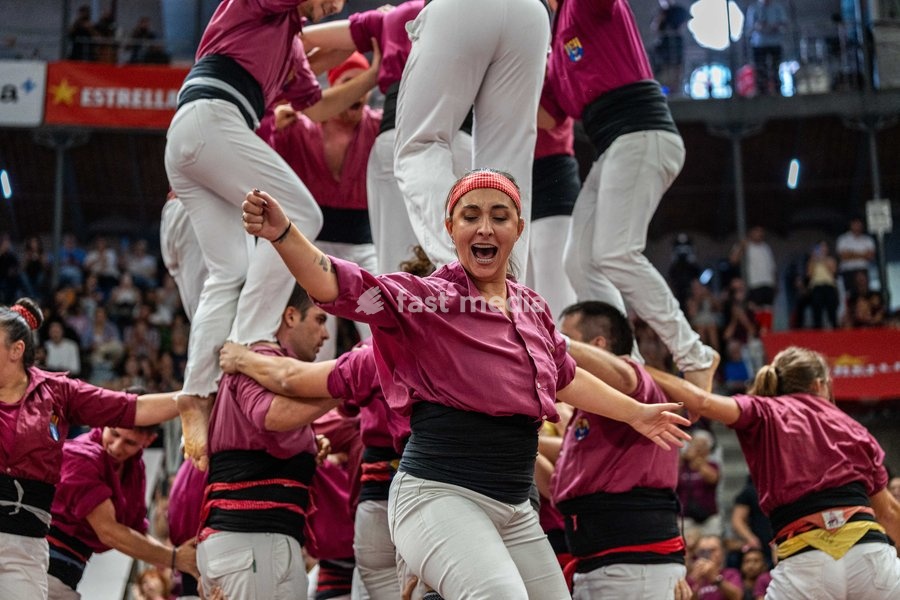 Members of the Lleida colla celebrating during the Concurs de Castells competition in Tarragona, Spain, on October 3, 2026