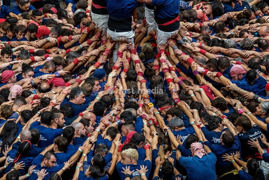 Members of the Xiquets del Serrallo colla making a human tower during the Concurs de Castells competition in Tarragona, Spain, on October 3, 2026