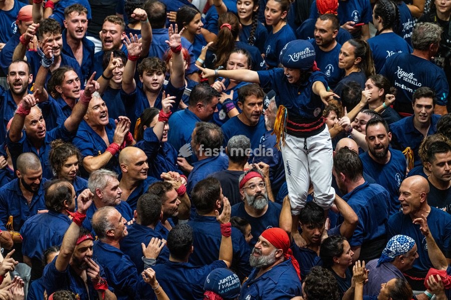 Members of the Xiquets del Serrallo colla celebrating during the Concurs de Castells competition in Tarragona, Spain, on October 3, 2026