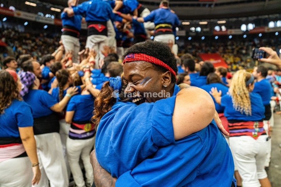 Members of the Esplugues colla celebrating during the Concurs de Castells competition in Tarragona, Spain, on October 3, 2026