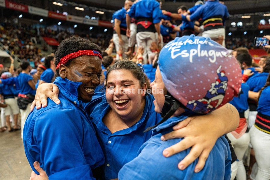 Members of the Esplugues colla celebrating during the Concurs de Castells competition in Tarragona, Spain, on October 3, 2026