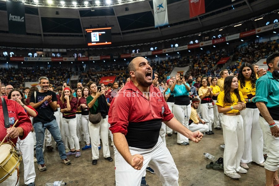 Members of the Nens del Vendrell celebrating during the Concurs de Castells competition in Tarragona, Spain, on October 3, 2026