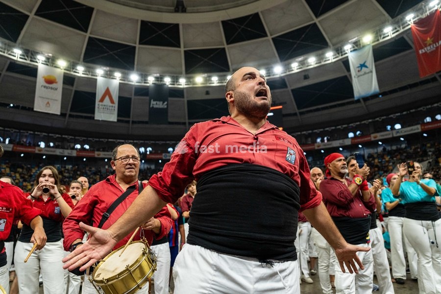 Members of the Nens del Vendrell celebrating during the Concurs de Castells competition in Tarragona, Spain, on October 3, 2026