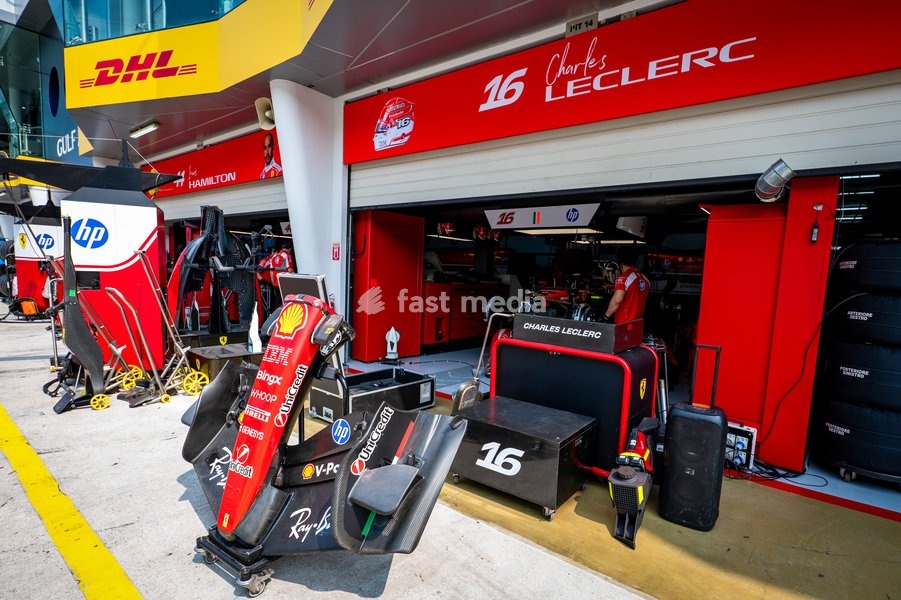 Scuderia Ferrari HP during Practice sessions of Saturday of Formula 1 Gulf Air Bahrain Grand Prix in Malaysia 2026 at Sepang International Circuit in Sepang, Malaysia. Round 16 of 23 of the 2026 FIA Formula One World Championship, held October 2-4, 2026. The race was relocated from Bahrain to…