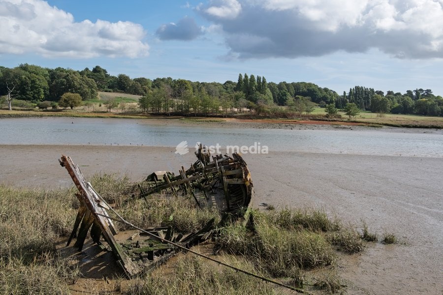 Wooden ribs of an old boat wreck close to Woodbridge on the River Deben near Ipswich, Suffolk. United Kingdom. 02 October 2026
