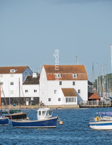 The Tide Mill, Woodbridge, one of only a handful in the world still producing flour on a regular basis and among the first tide mills in the country, working on the same site for over 850 years. Boats at Woodbridge on the River Deben near Ipswich, Suffolk. United Kingdom. 02 October 2026