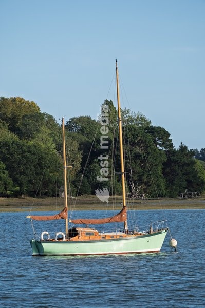 Sail boat moored in the River Deben. Woodbridge on the River Deben near Ipswich, Suffolk. United Kingdom. 02 October 2026