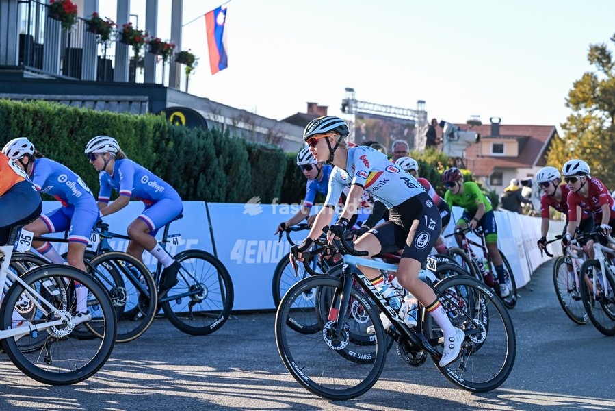 Belgian Laura Five is pictured in action during the junior women Road Race race (66,3 km) at the cycling UEC Road European Championships, in Ljubljana, Slovenia Sunday 4 October 2026. The UEC Road European Championships are taking place from 02 to 07 October in Ljubljana, Slovenia
