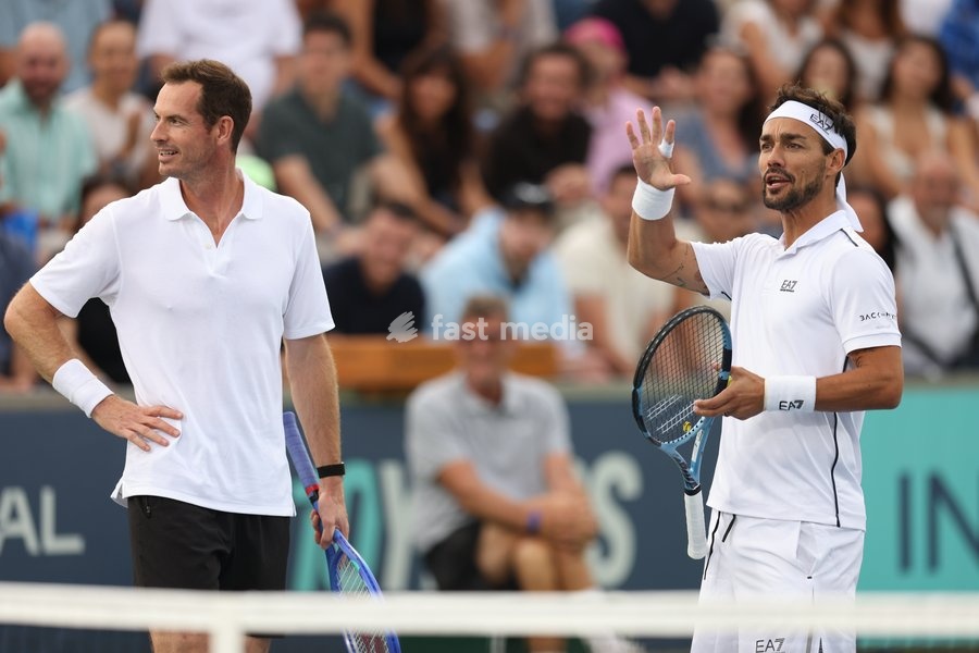 Fabio Fognini and Andy Murray of Team Murray in action during the Rafa Nadal Academy Slam at the Rafa Nadal Academy in Manacor, Mallorca, Spain on October 3, 2026