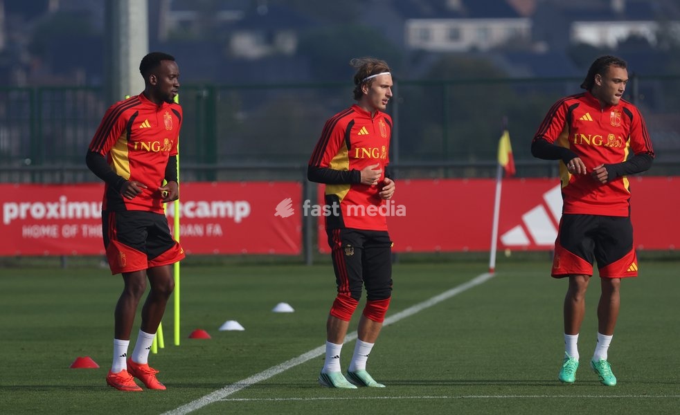 Belgium's Dodi Lukebakio; Belgium's Mika Godts and Belgium's Diego Moreira Da Silva pictured during a training session of the Red Devils, the Belgian national soccer team, at the national training center in Tubize, Sunday 4 October 2026. The team is preparing for their game against France on…