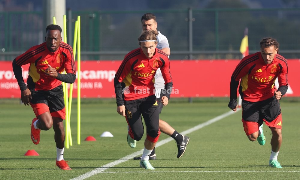 Belgium's Dodi Lukebakio; Belgium's Mika Godts and Belgium's Diego Moreira Da Silva pictured during a training session of the Red Devils, the Belgian national soccer team, at the national training center in Tubize, Sunday 4 October 2026. The team is preparing for their game against France on…