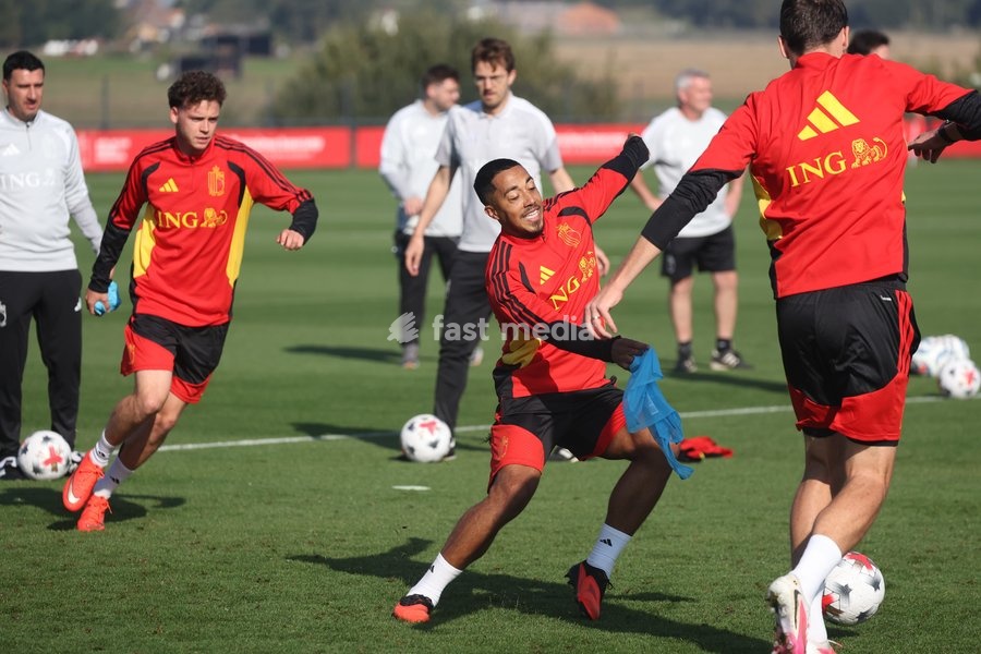 Belgium's Youri Tielemans fights for the ball during a training session of the Red Devils, the Belgian national soccer team, at the national training center in Tubize, Sunday 4 October 2026. The team is preparing for their game against France on Monday, their fourth game in the UEFA Nations League…