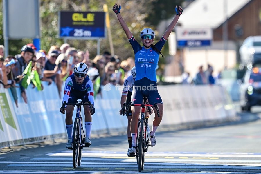 Italian Azzurra Ballan celebrates after winning the junior women Road Race race (66,3 km) at the cycling UEC Road European Championships, in Ljubljana, Slovenia Sunday 4 October 2026. The UEC Road European Championships are taking place from 02 to 07 October in Ljubljana, Slovenia