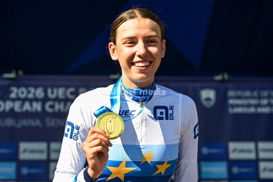 Italian Azzurra Ballan , winner of the gold medal celebrates on the podium of the junior women Road Race race (66,3 km) at the cycling UEC Road European Championships, in Ljubljana, Slovenia Sunday 4 October 2026. The UEC Road European Championships are taking place from 02 to 07 October in…