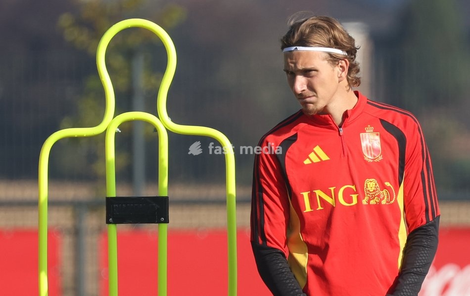 Belgium's Mika Godts pictured during a training session of the Red Devils, the Belgian national soccer team, at the national training center in Tubize, Sunday 4 October 2026. The team is preparing for their game against France on Monday, their fourth game in the UEFA Nations League competition