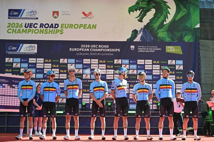 The Belgian elite men team pictured ahead of the elite men Road Race race (196,2 km) at the cycling UEC Road European Championships, in Ljubljana, Slovenia Sunday 4 October 2026. The UEC Road European Championships are taking place from 02 to 07 October in Ljubljana, Slovenia
