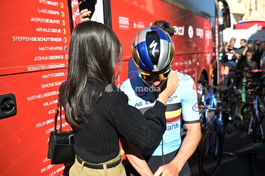 Belgium's Remco Evenepoel and Belgian Remco Evenepoel and his wife Oumaima Oumi Rayane pictured ahead of the elite men Road Race race (196,2 km) at the cycling UEC Road European Championships, in Ljubljana, Slovenia Sunday 4 October 2026. The UEC Road European Championships are taking place from 02…