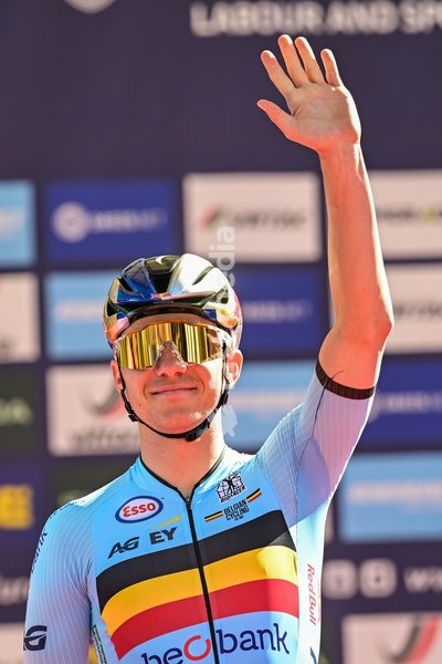 Belgium's Remco Evenepoel pictured on the podium before the elite men Road Race race (196,2 km) at the cycling UEC Road European Championships, in Ljubljana, Slovenia Sunday 4 October 2026. The UEC Road European Championships are taking place from 02 to 07 October in Ljubljana, Slovenia