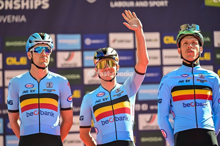 Belgium's Remco Evenepoel pictured on the podium before the elite men Road Race race (196,2 km) at the cycling UEC Road European Championships, in Ljubljana, Slovenia Sunday 4 October 2026. The UEC Road European Championships are taking place from 02 to 07 October in Ljubljana, Slovenia