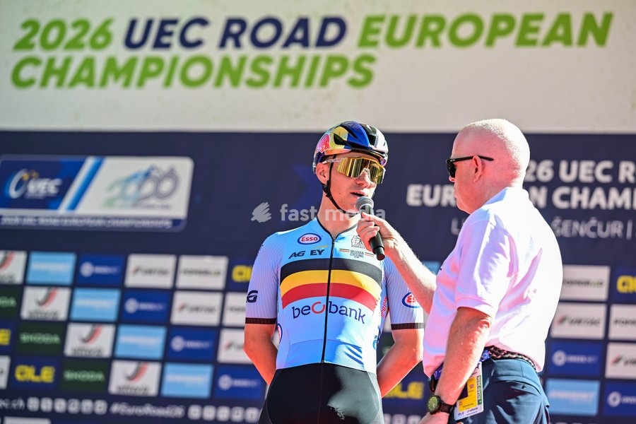 Belgium's Remco Evenepoel pictured on the podium before the elite men Road Race race (196,2 km) at the cycling UEC Road European Championships, in Ljubljana, Slovenia Sunday 4 October 2026. The UEC Road European Championships are taking place from 02 to 07 October in Ljubljana, Slovenia