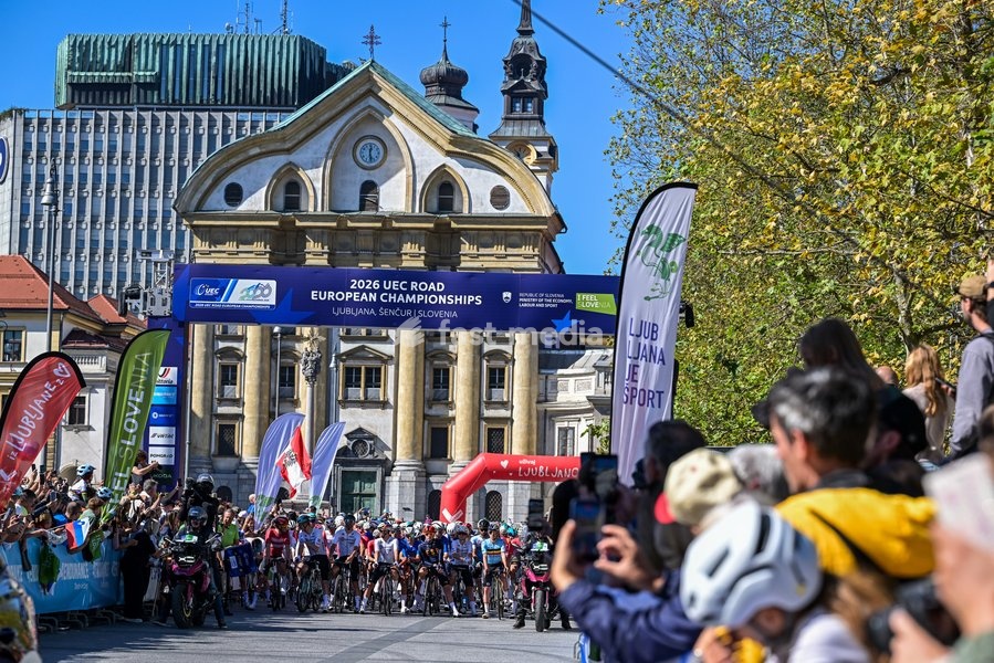 the start of the elite men Road Race race (196,2 km) at the cycling UEC Road European Championships, in Ljubljana, Slovenia Sunday 4 October 2026. The UEC Road European Championships are taking place from 02 to 07 October in Ljubljana, Slovenia