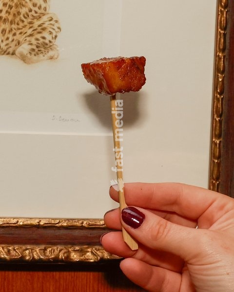 Pork Belly Skewers with illy espresso maple syrup glaze at the The Leopard Bar Launch Party at The Rubens at the Palace