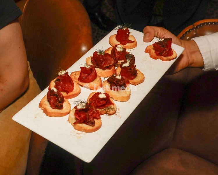 Espresso-Rubbed Beef Carpaccio Crostini with Horseradish cream at the The Leopard Bar Launch Party at The Rubens at the Palace