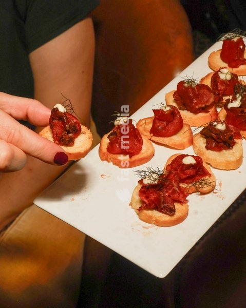Espresso-Rubbed Beef Carpaccio Crostini with Horseradish cream at the The Leopard Bar Launch Party at The Rubens at the Palace