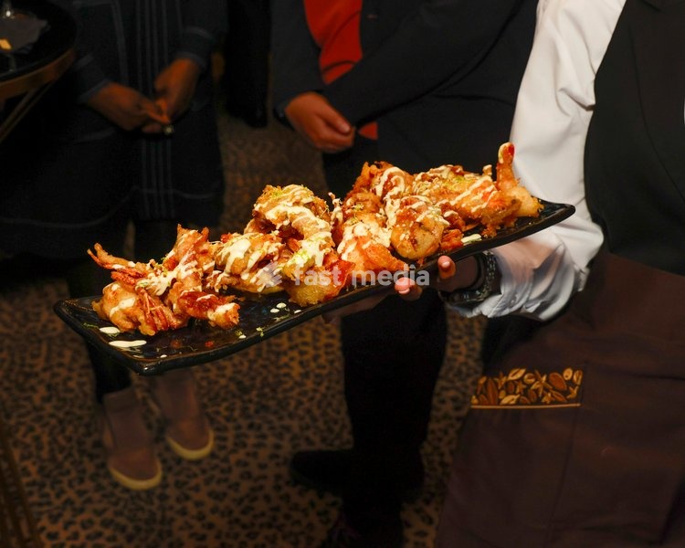 Tempura Tiger Prawns & Soft-Shell Crab with Ketel One vodka and lime aioli at the The Leopard Bar Launch Party at The Rubens at the Palace