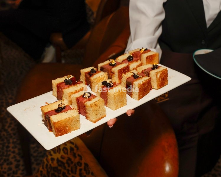Steak Sandwiches with caviar and gold leaf at the The Leopard Bar Launch Party at The Rubens at the Palace