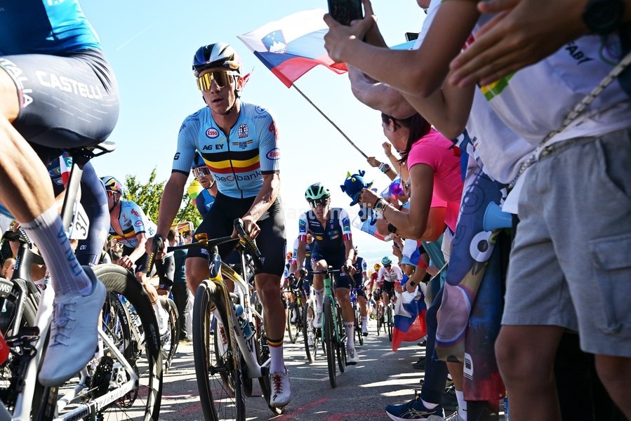 Belgium's Remco Evenepoel pictured in action during the elite men Road Race race (196,2 km) at the cycling UEC Road European Championships, in Ljubljana, Slovenia Sunday 4 October 2026. The UEC Road European Championships are taking place from 02 to 07 October in Ljubljana, Slovenia