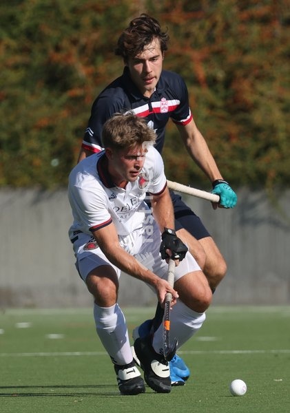 Dragon’s Victor Wegnez fights for the ball during a hockey game between Royal Leopold Club and KHC Dragons on Sunday 4 October 2026 in Brussels, on day 4 of the Belgian first division hockey championship