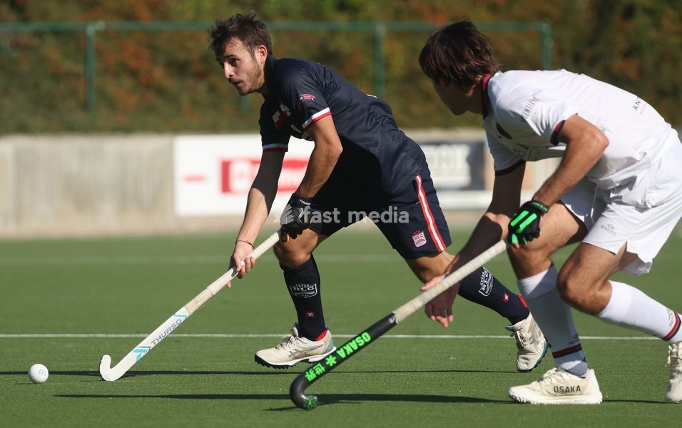 Leopold's Dylan Englebert fights for the ball during a hockey game between Royal Leopold Club and KHC Dragons on Sunday 4 October 2026 in Brussels, on day 4 of the Belgian first division hockey championship