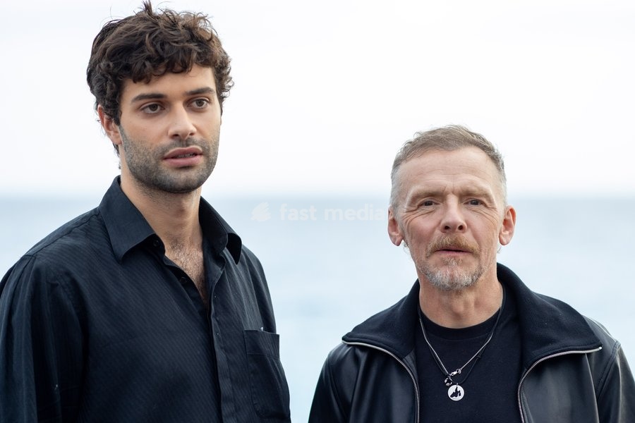 Actors and directors, Liam Hellmann and Simon Pegg at the Nice Cinéroman Festival, on the beach of the Hôtel Le Negresco, in Nice, France, on September 30, 2026