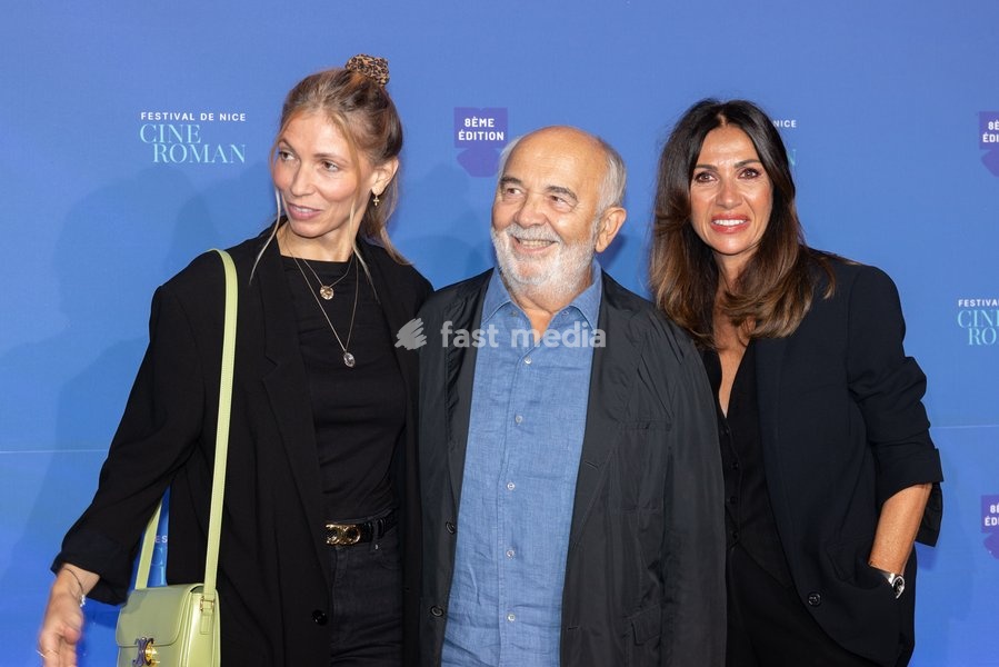Gérard Jugnot, his wife Patricia Campi, and Nathalie Benoin, co-founder of the Nice Cinéroman Festival, at the festival held at Pathé Gare du Sud, in Nice, France, on September 30, 2026