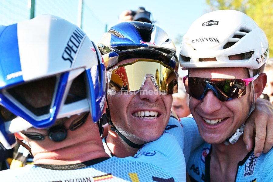 Belgium's Remco Evenepoel and Belgium's Ramses Debruyne celebrate after winning the elite men Road Race race (196,2 km) at the cycling UEC Road European Championships, in Ljubljana, Slovenia Sunday 4 October 2026. The UEC Road European Championships are taking place from 02 to 07 October in…