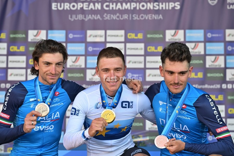 Italy's Giulio Ciccone; Belgium's Remco Evenepoel and Italy's Christian Scaroni celebrate on the podium after the elite men Road Race race (196,2 km) at the cycling UEC Road European Championships, in Ljubljana, Slovenia Sunday 4 October 2026. The UEC Road European Championships are taking place…