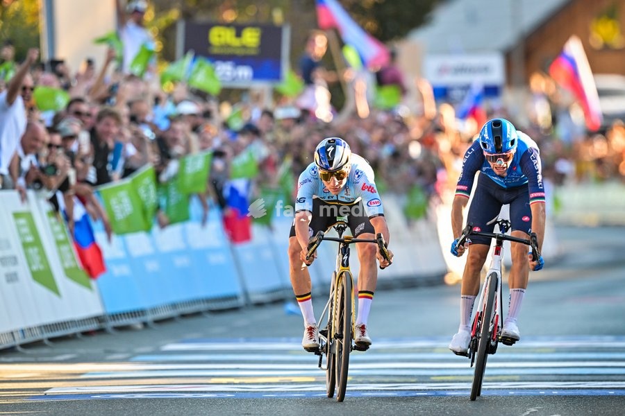 Belgium's Remco Evenepoel and Italy's Giulio Ciccone crosses the finish line at the elite men Road Race race (196,2 km) at the cycling UEC Road European Championships, in Ljubljana, Slovenia Sunday 4 October 2026. The UEC Road European Championships are taking place from 02 to 07 October in…