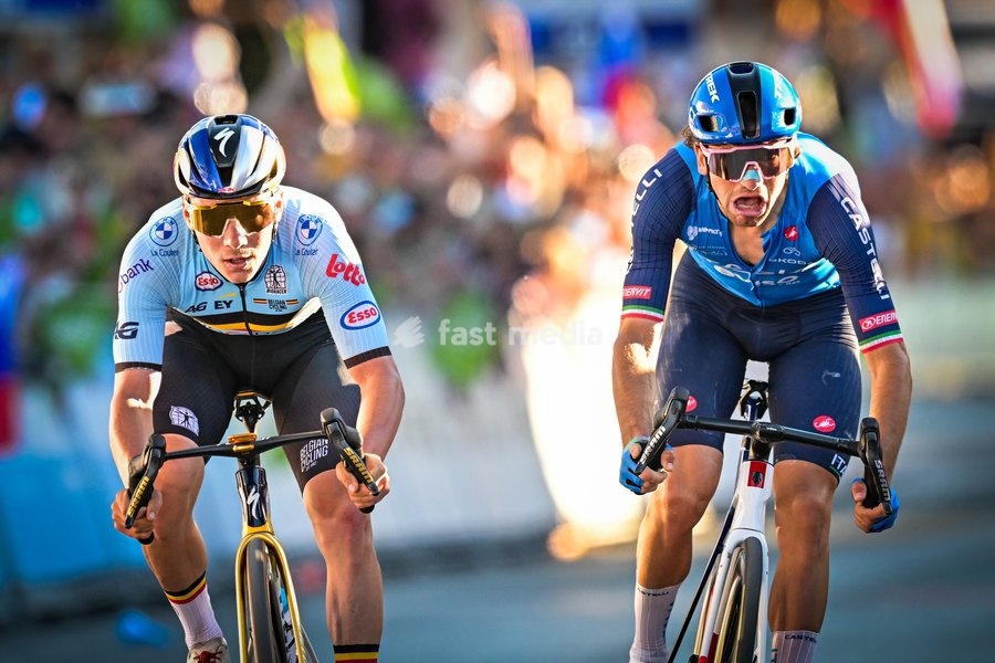 Belgium's Remco Evenepoel and Italy's Giulio Ciccone crosses the finish line at the elite men Road Race race (196,2 km) at the cycling UEC Road European Championships, in Ljubljana, Slovenia Sunday 4 October 2026. The UEC Road European Championships are taking place from 02 to 07 October in…