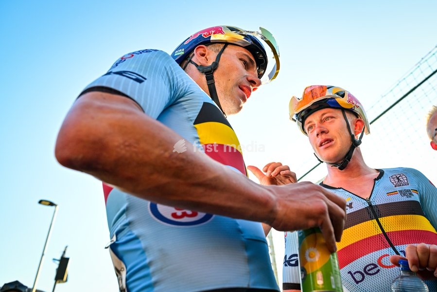 Belgium's Maxim Van Gils and Belgium's Remco Evenepoel celebrates after winning the elite men Road Race race (196,2 km) at the cycling UEC Road European Championships, in Ljubljana, Slovenia Sunday 4 October 2026. The UEC Road European Championships are taking place from 02 to 07 October in…