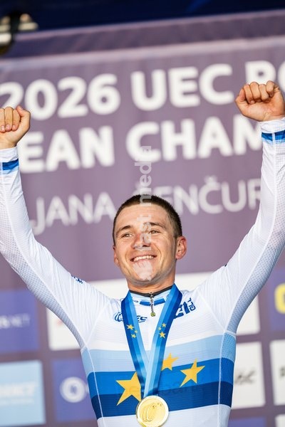 Belgian Remco Evenepoel pictured on the podium after the elite men Road Race race (196,2 km) at the cycling UEC Road European Championships, in Ljubljana, Slovenia Sunday 4 October 2026. The UEC Road European Championships are taking place from 02 to 07 October in Ljubljana, Slovenia