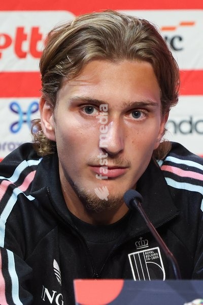 Belgium's Mika Godts pictured during a press conference session of the Red Devils, the Belgian national soccer team, in Paris, Sunday 4 October 2026. The team is preparing for their game against France on Monday, their fourth game in the UEFA Nations League competition